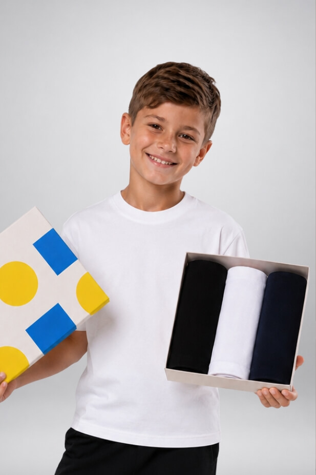 Set of 3 Basic Boys' T-Shirts. Colors: Black, White, and Navy Blue.